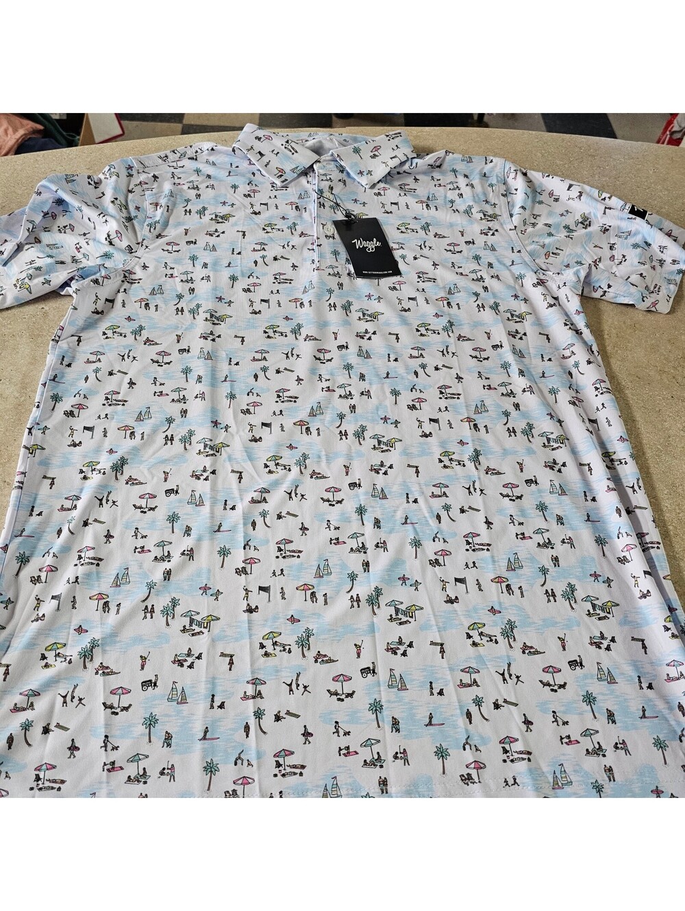 Waggle Men's Medium Beach Scene Polo Shirt